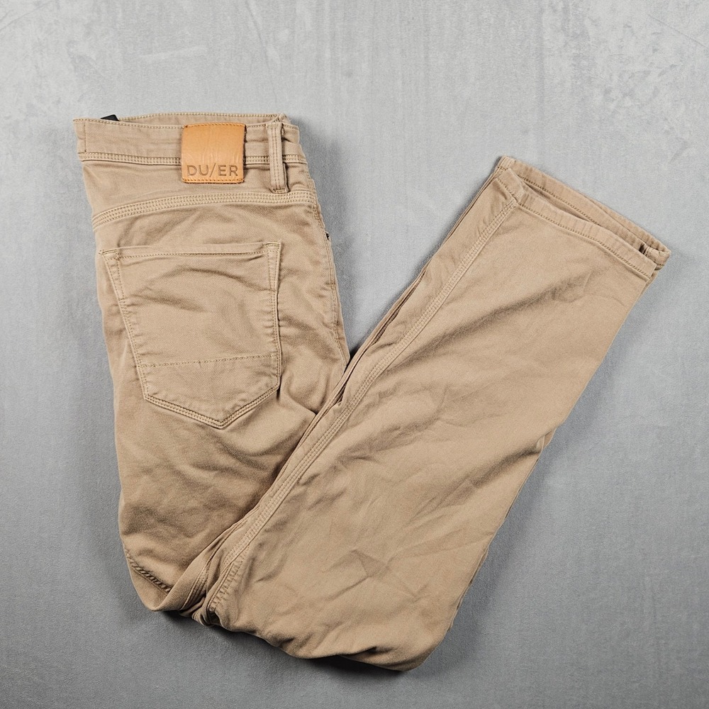 DU/ER No Sweat Straight Pants Men 34x30 Tan Khaki Wicking Stretch 5 Pocket